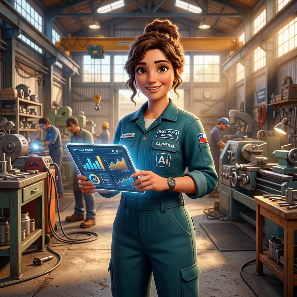 Dueño de maestranza revisando tablet con datos de servicios y stock en su taller