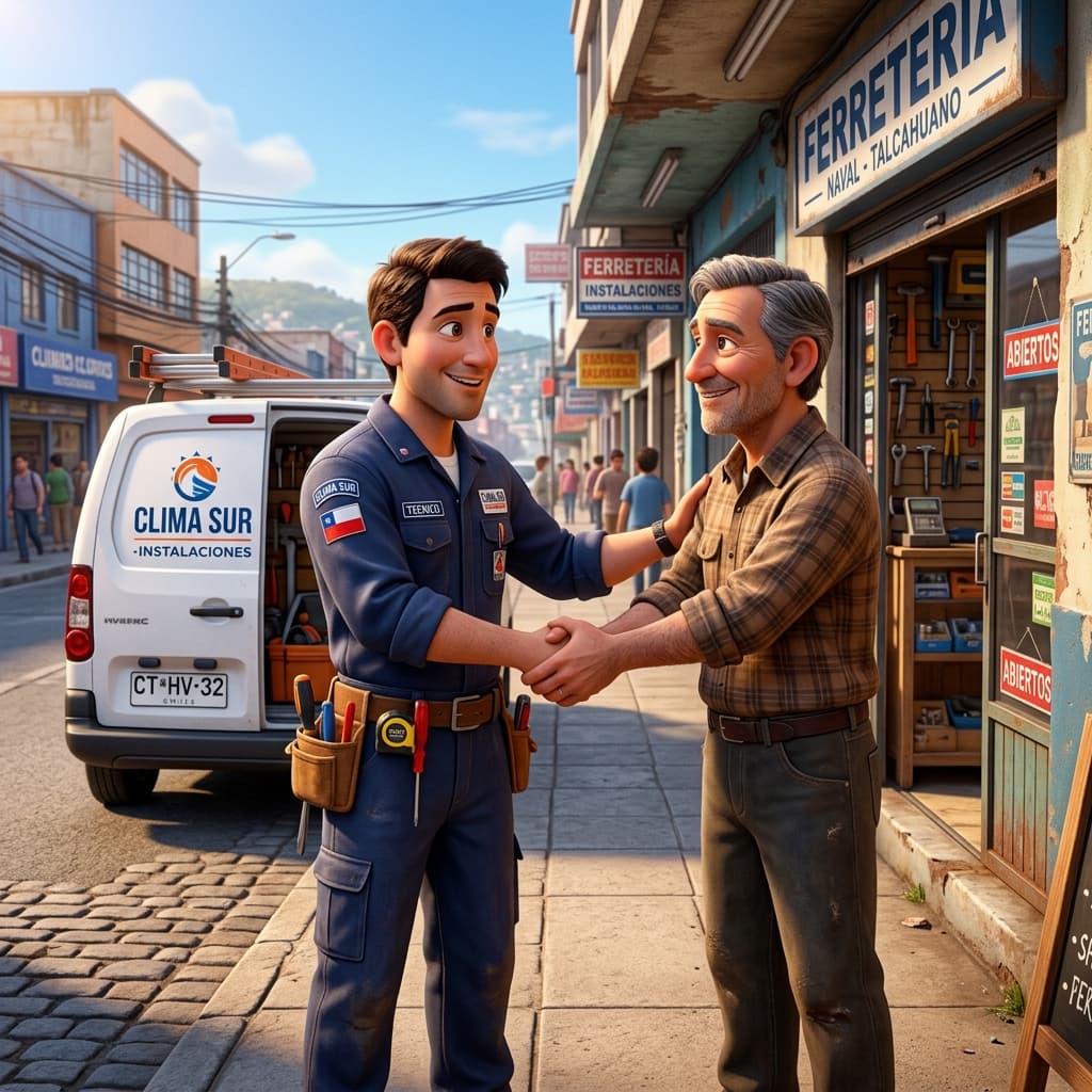 Dos dueños de negocio, un técnico en climatización y un ferretero, conversando afuera de un local en Concepción.