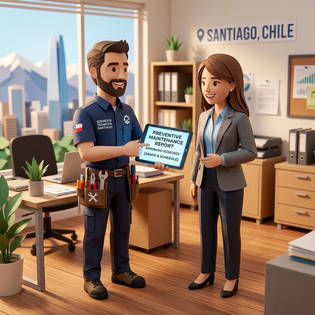 Técnico chileno revisando un plan de mantenimiento en su tablet frente a un equipo de climatización