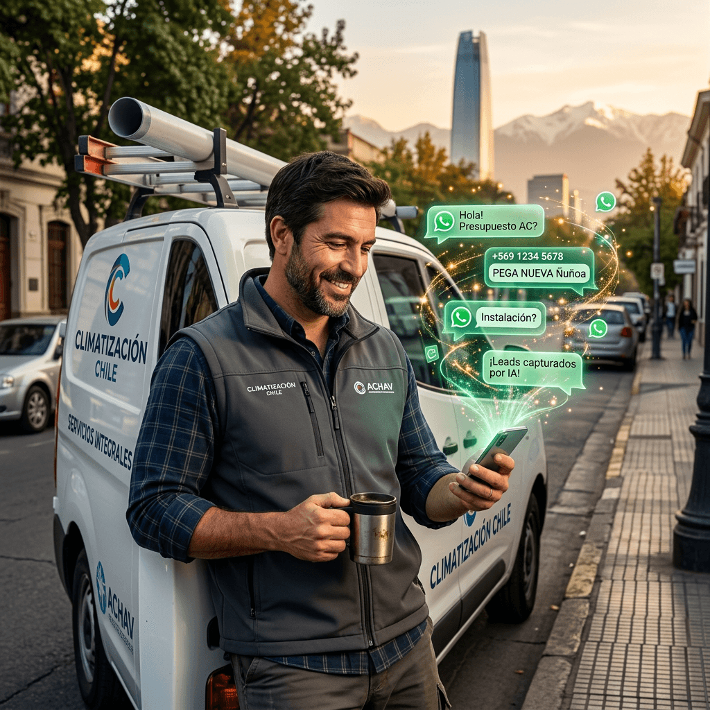 Contratista chileno en terreno revisando su celular con tranquilidad mientras una IA gestiona sus mensajes