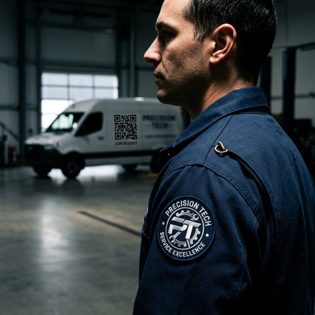 Camioneta de servicio técnico rotulada con logo profesional y código QR en una calle de Santiago