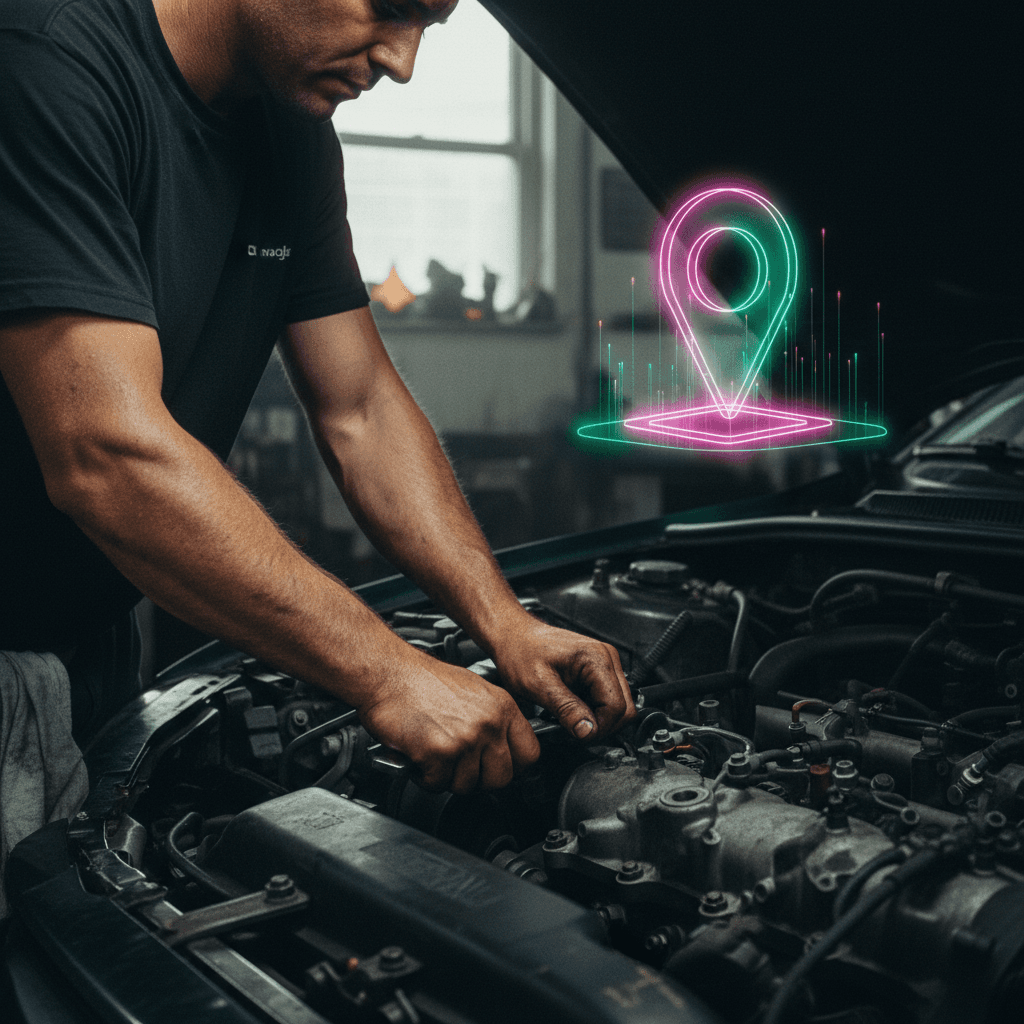 Un mecánico trabajando en un vehículo, con un computador al lado mostrando un sitio web con buen diseño y una ficha de Google Maps.