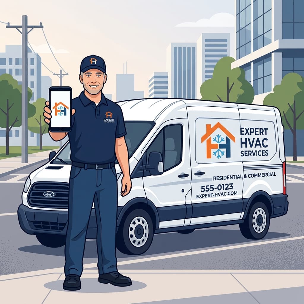 Contratista chileno frente a su camioneta con logo profesional y coherente en su celular