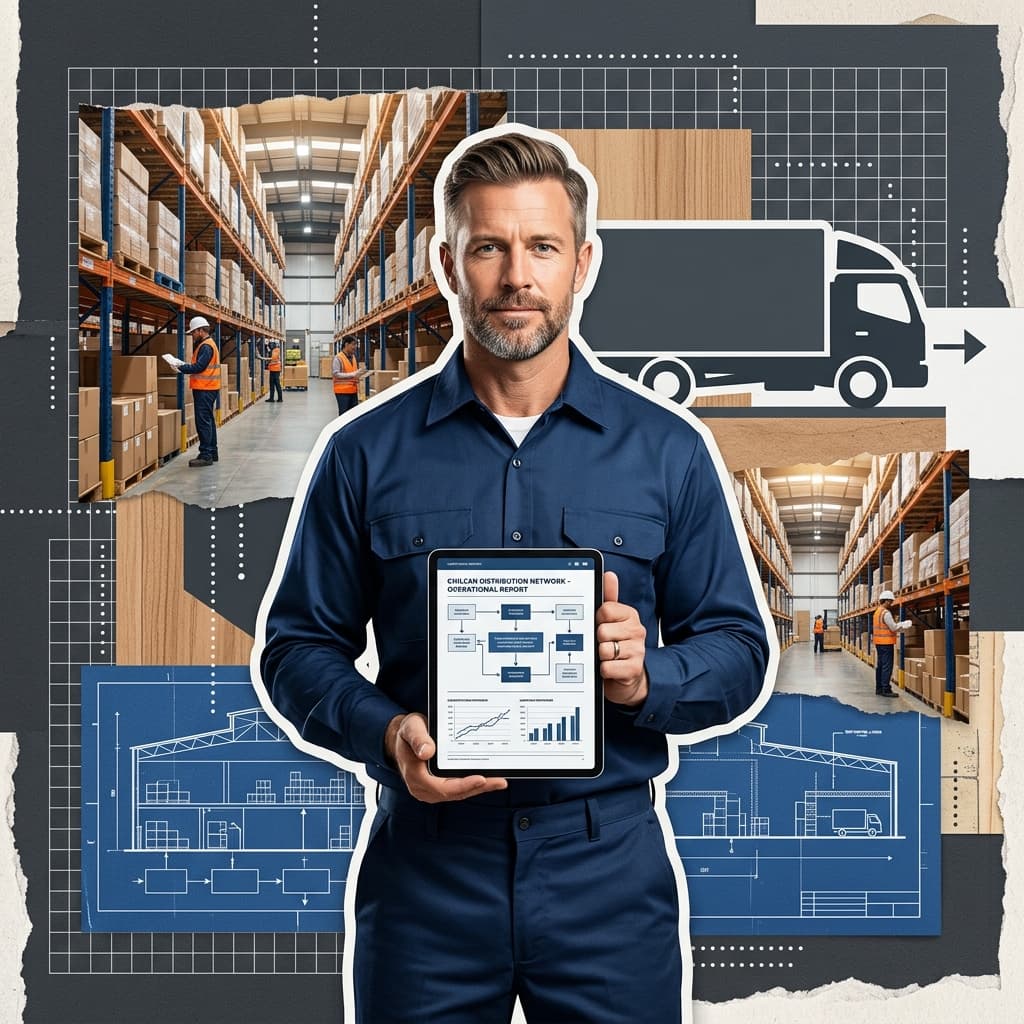 Dueño de distribuidora revisando una cotización profesional en su tablet frente a su bodega