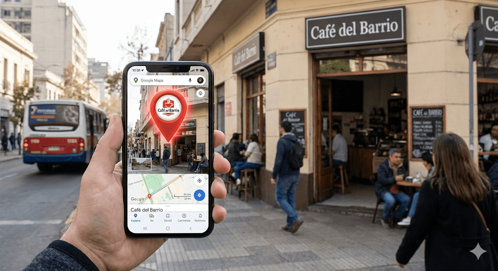 Vista de Google Maps con marcadores de negocios locales en Santiago