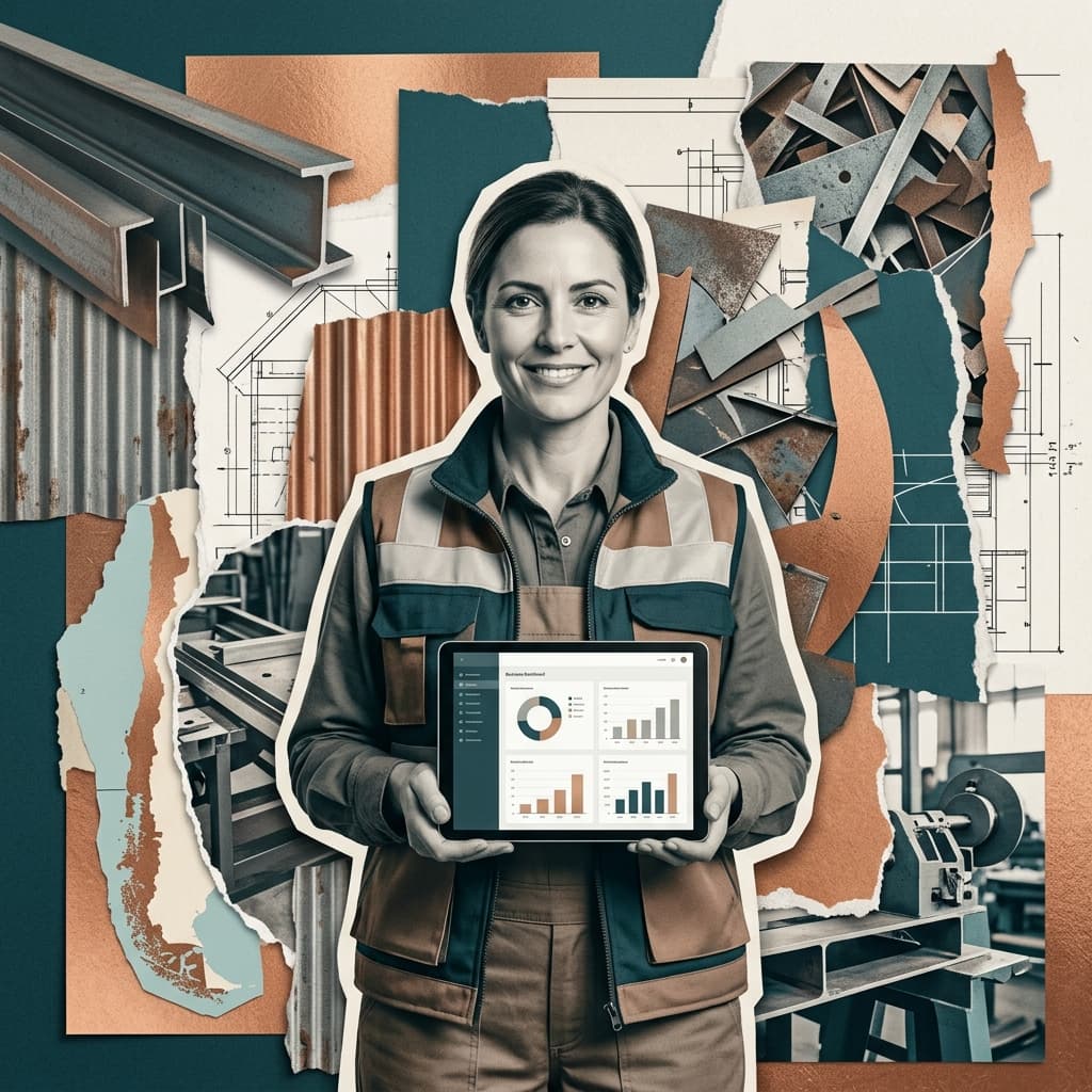 Dueño de una maestranza mirando su celular preocupado mientras supervisa una máquina, representando el estrés de la operación diaria.