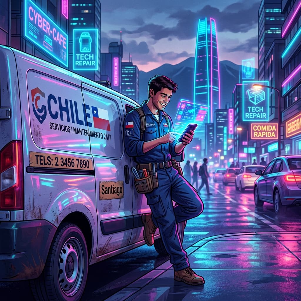 Dueño de una empresa de servicios técnicos en Chile revisando una cotización en su celular frente a su camioneta de trabajo.