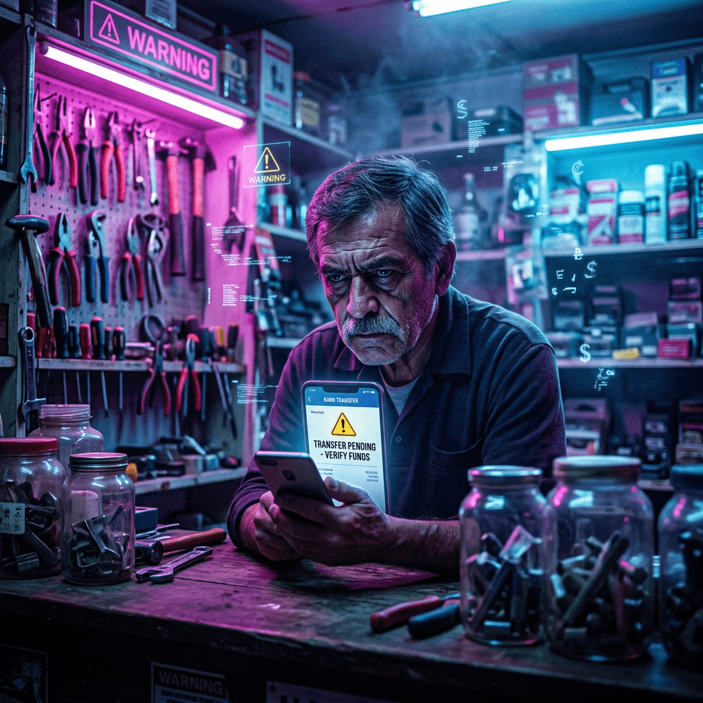 Dueño de local comercial revisando un comprobante de transferencia en su celular con desconfianza