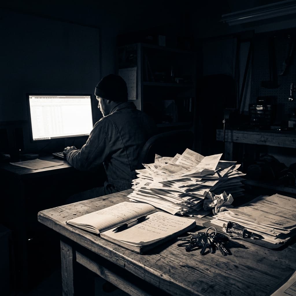 Dueño de empresa de servicios revisando facturas y cuentas en su oficina en Chile