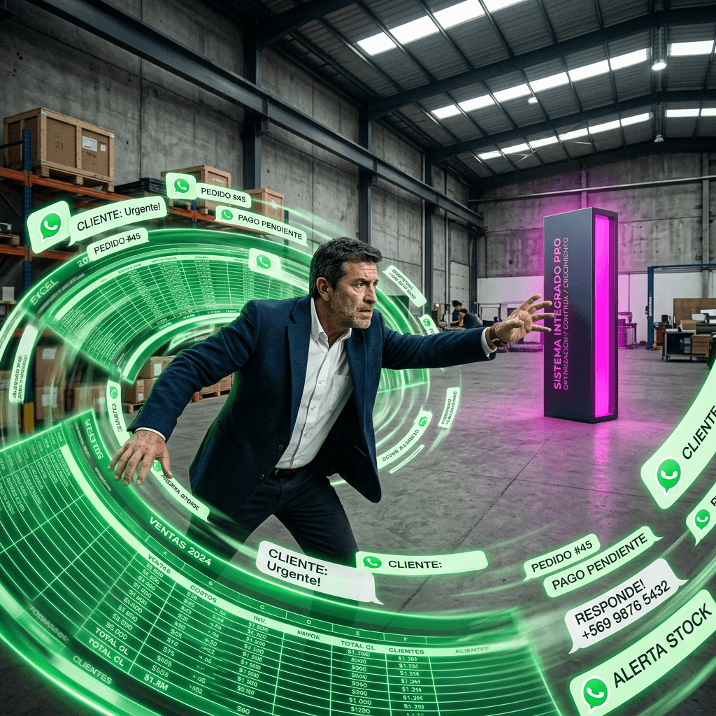 Dueño de negocio en Chile comparando planillas de Excel con un sistema de gestión moderno