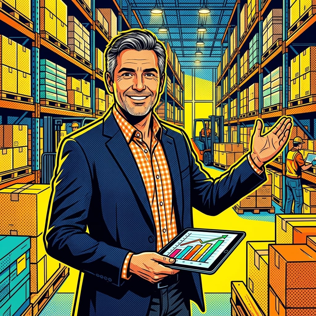 Dueño de distribuidora revisando inventario digital en su bodega