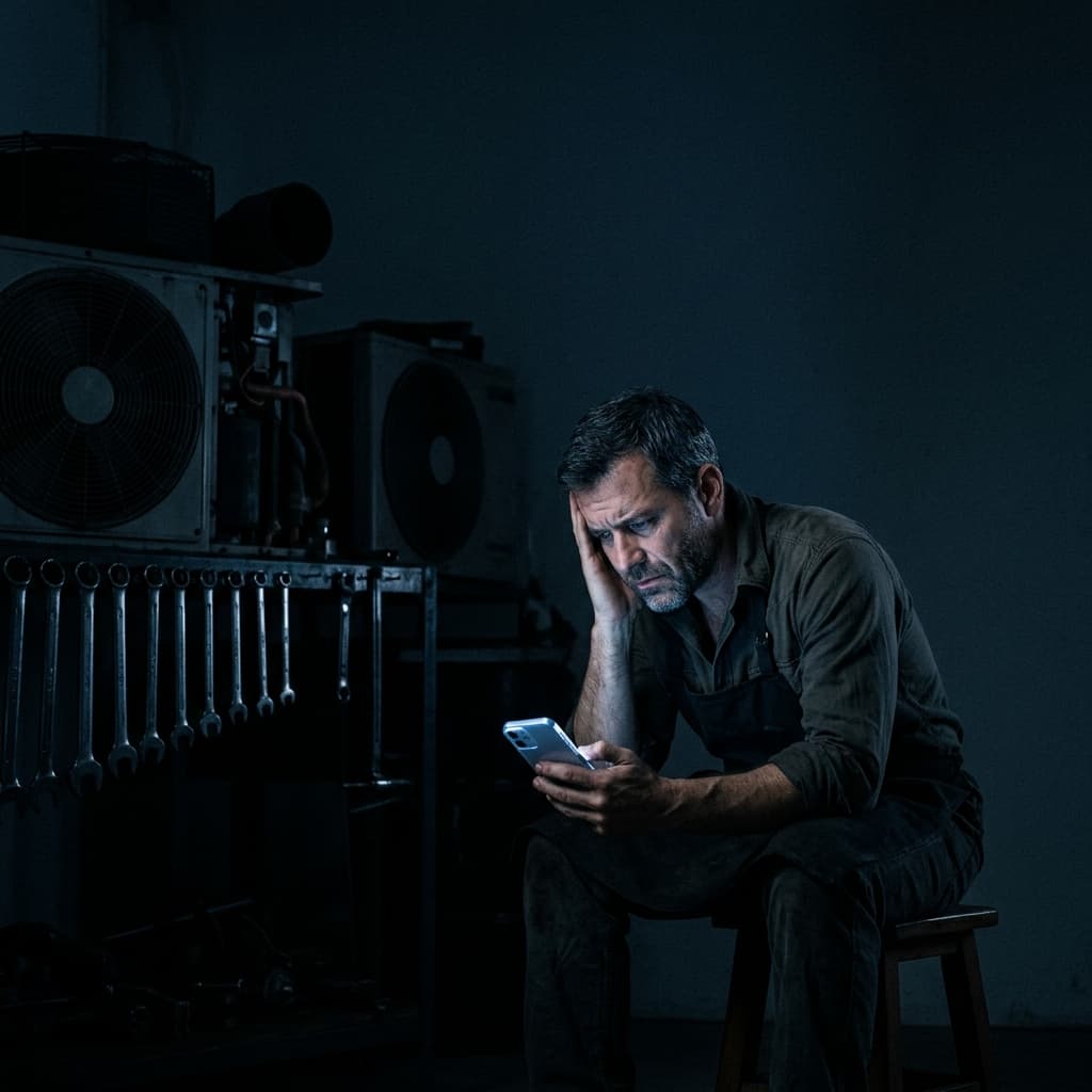 Dueño de taller mecánico revisando el saldo en su celular con cara de preocupación