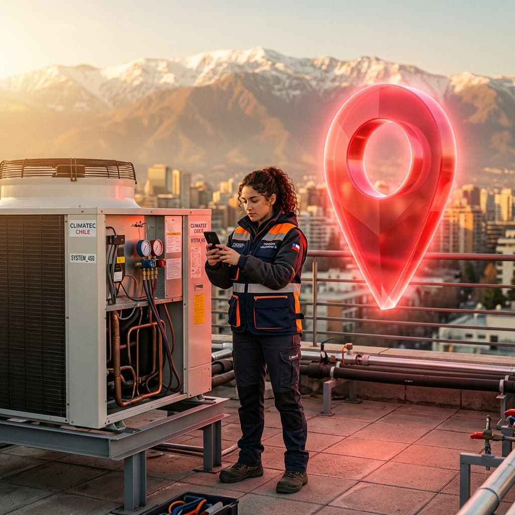 Técnico chileno de climatización sacando fotos a una instalación para subir a su perfil de Google Maps