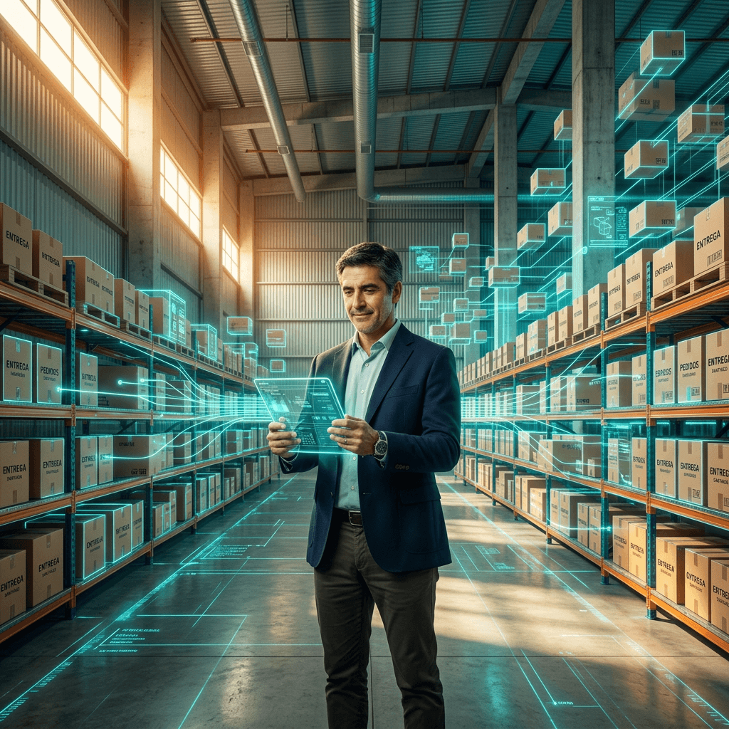 Dueño de distribuidora revisando su inventario sincronizado en una tablet