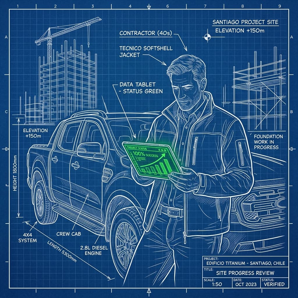 Dueño de empresa de mantenimiento revisando su carpeta tributaria en una tablet frente a su camioneta de trabajo.