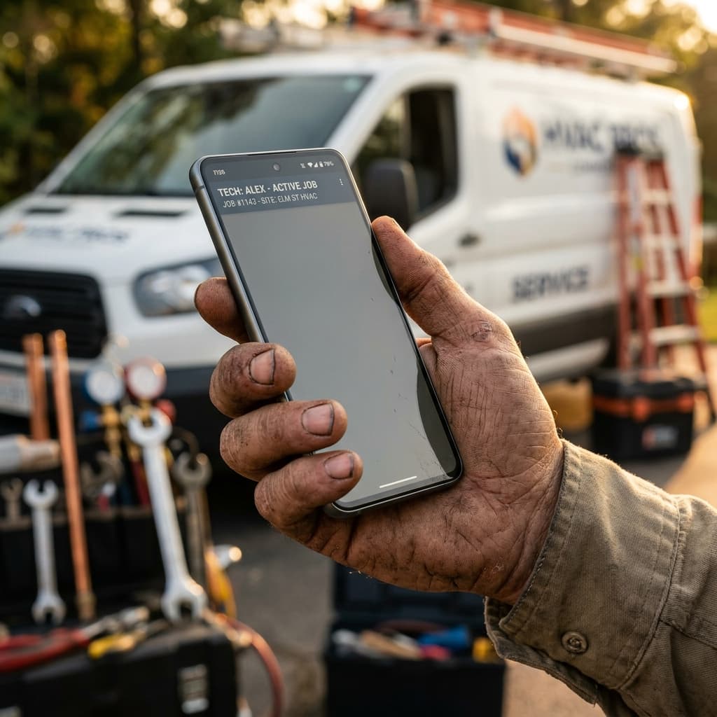 Dueño de empresa de servicios técnicos revisando su celular con calma frente a su camioneta de trabajo.
