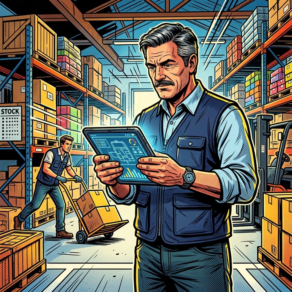 Dueño de distribuidora revisando costos en una tablet frente a estanterías