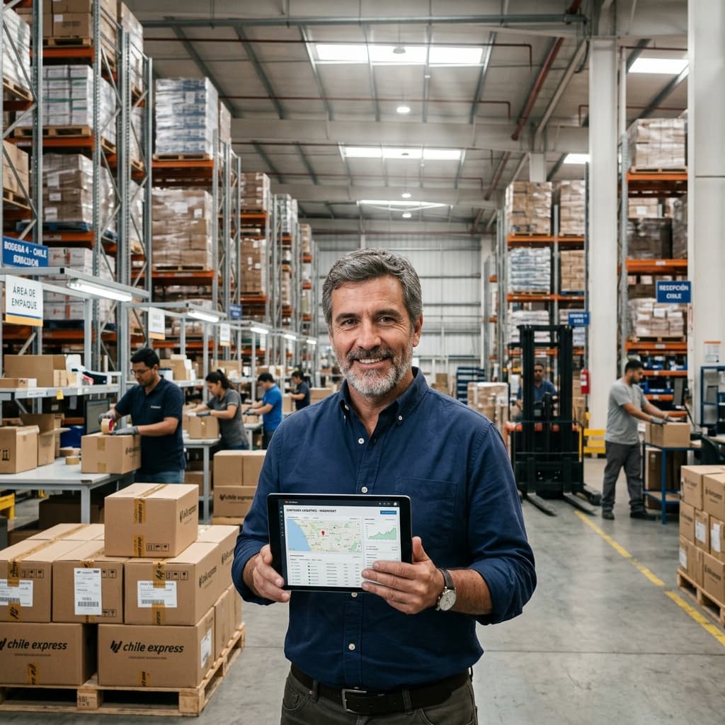 Dueño de distribuidora en Chile revisando pedidos automatizados en su bodega