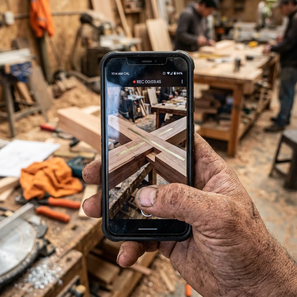 Contratista chileno grabando un video de una obra terminada con su celular