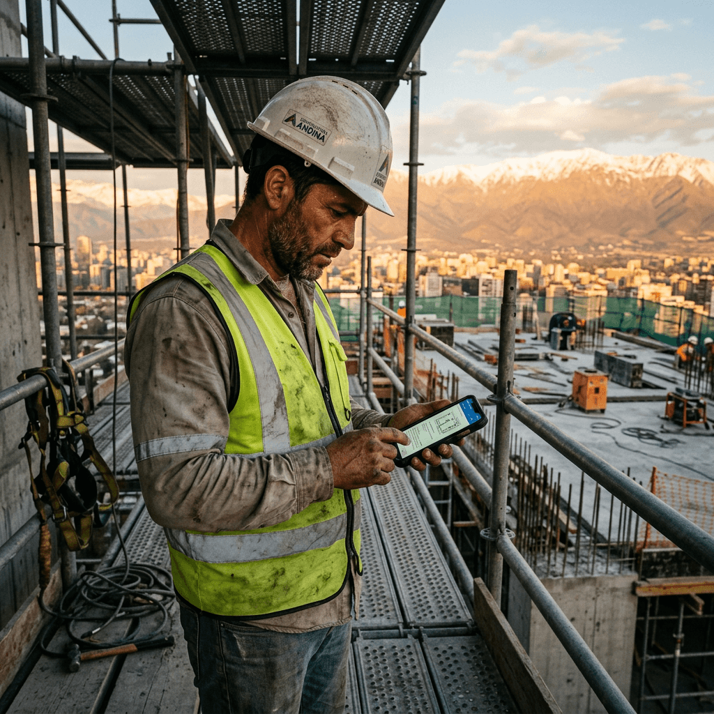 Contratista chileno revisando presupuestos en su celular en una obra en Santiago