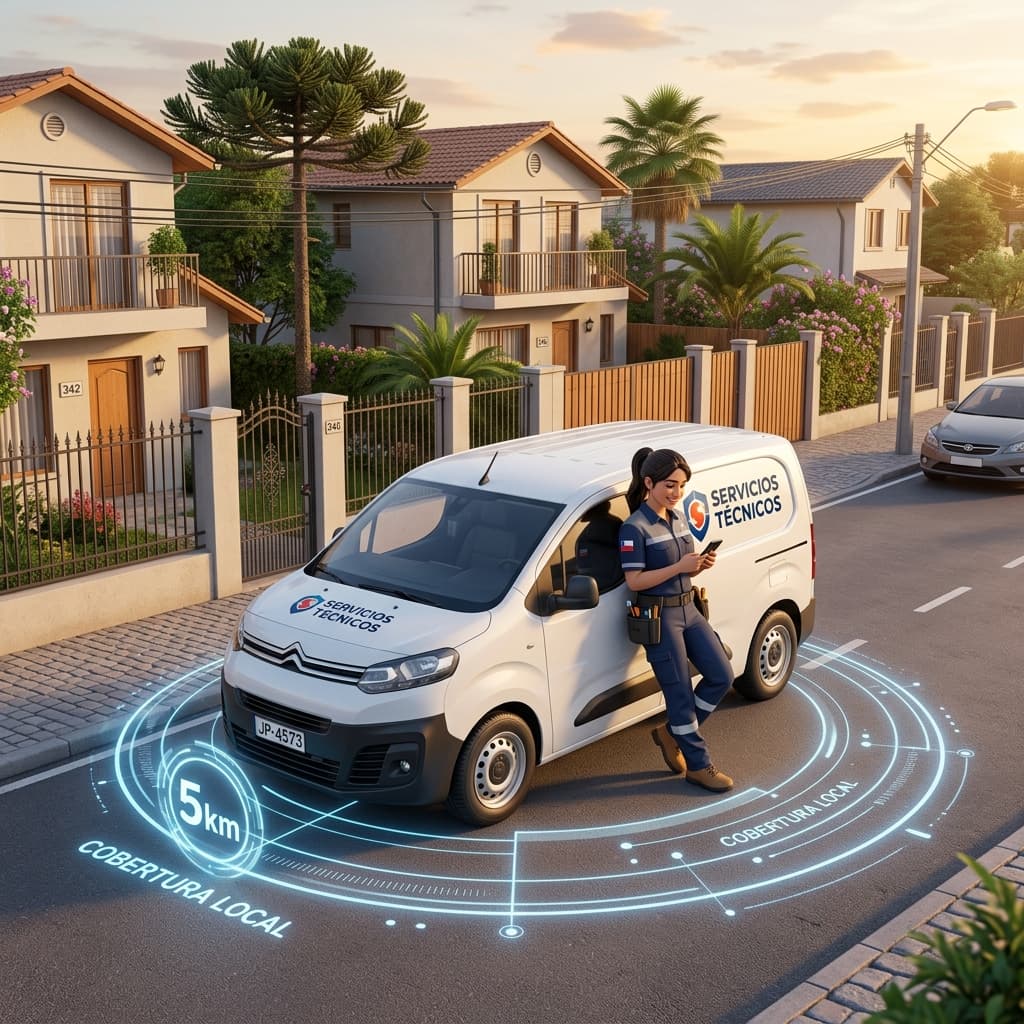Técnico de climatización revisando su celular junto a su camioneta en una calle de Santiago