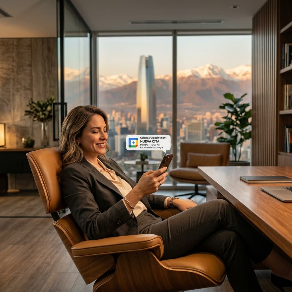 Dueño de un centro de servicios revisando su agenda automática en el celular mientras su negocio funciona