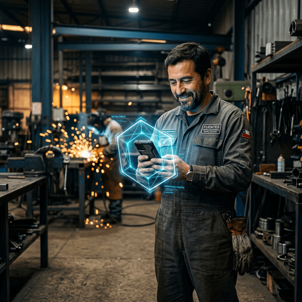 Dueño de taller mecánico mostrando su trabajo real en un celular protegido