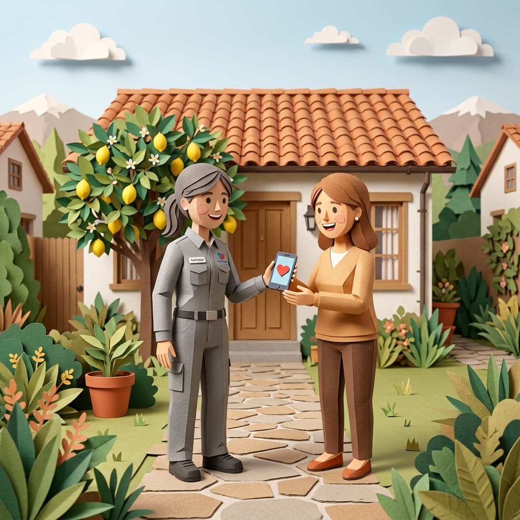 Técnico de aire acondicionado conversando de forma cercana con un cliente tras terminar una mantención