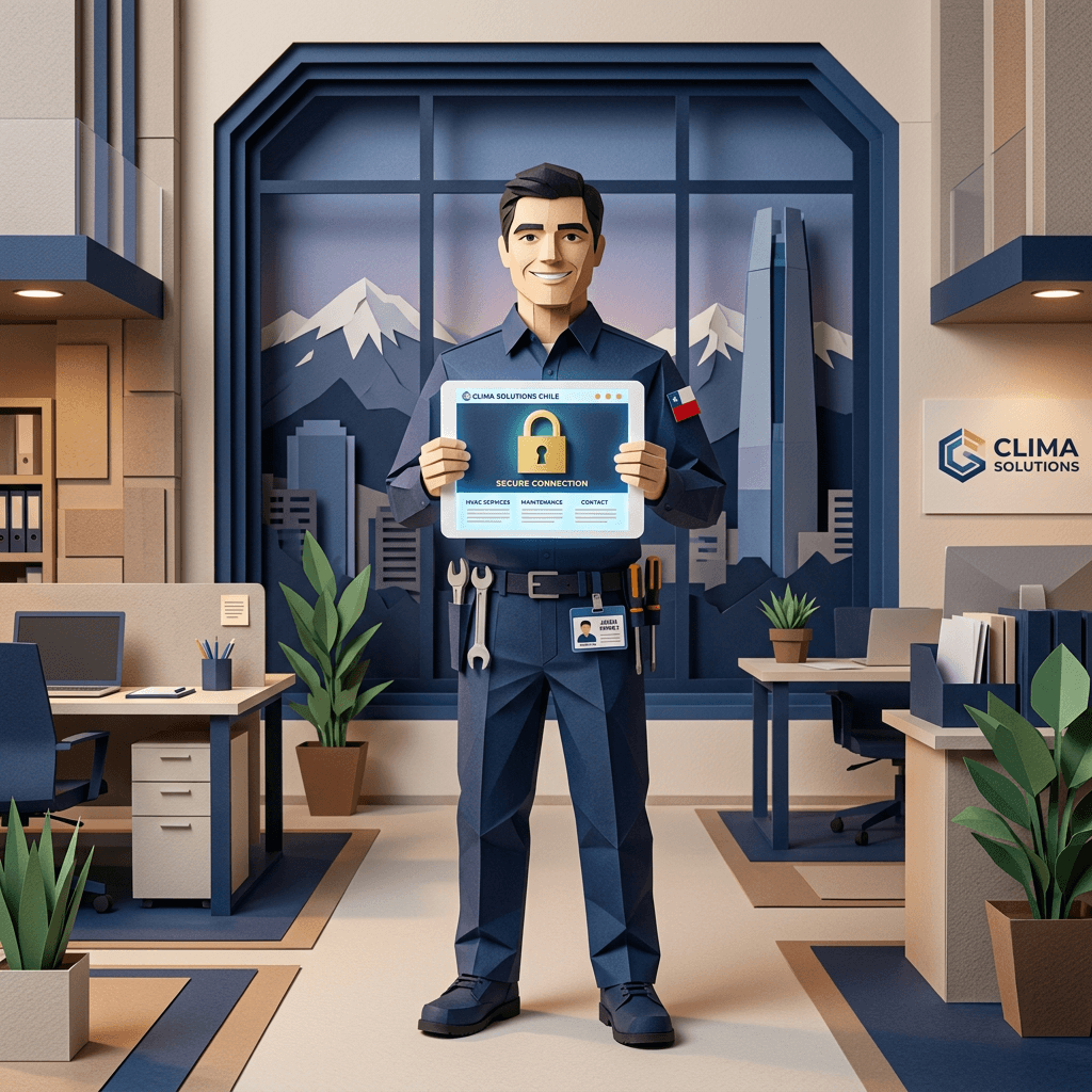 Técnico de climatización profesional mostrando su sitio web seguro en una tablet a un cliente en una oficina.