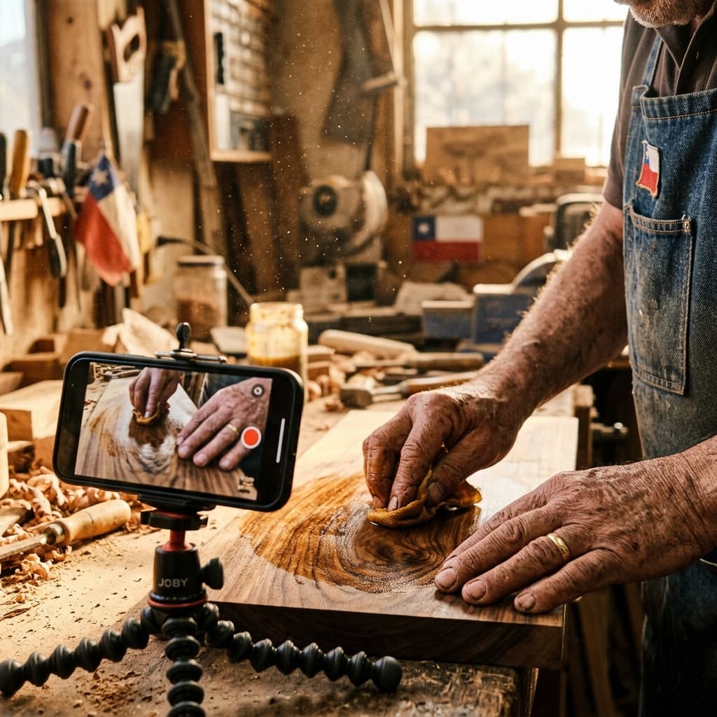 Dueño de taller chileno grabando con su celular el proceso de reparación de un motor