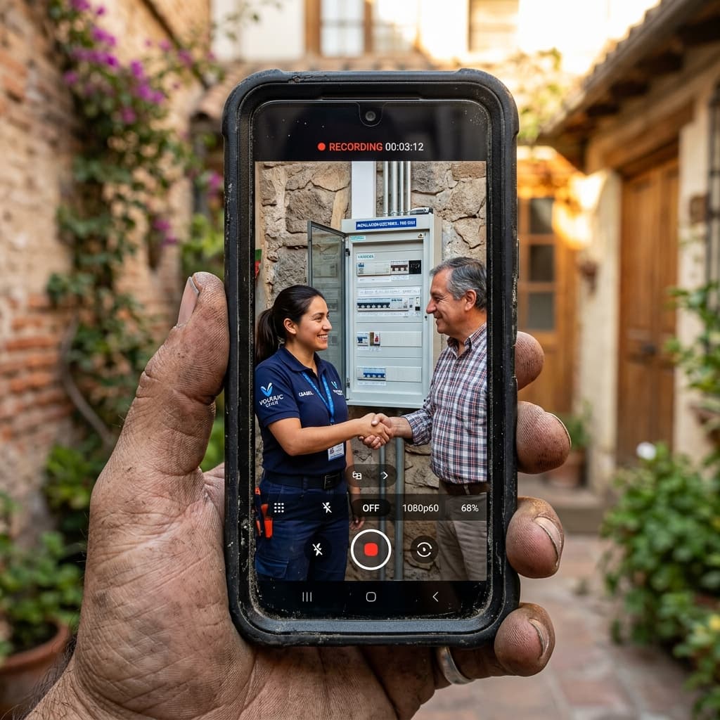 Dueño de empresa de climatización grabando un testimonio en video con su cliente tras terminar una instalación