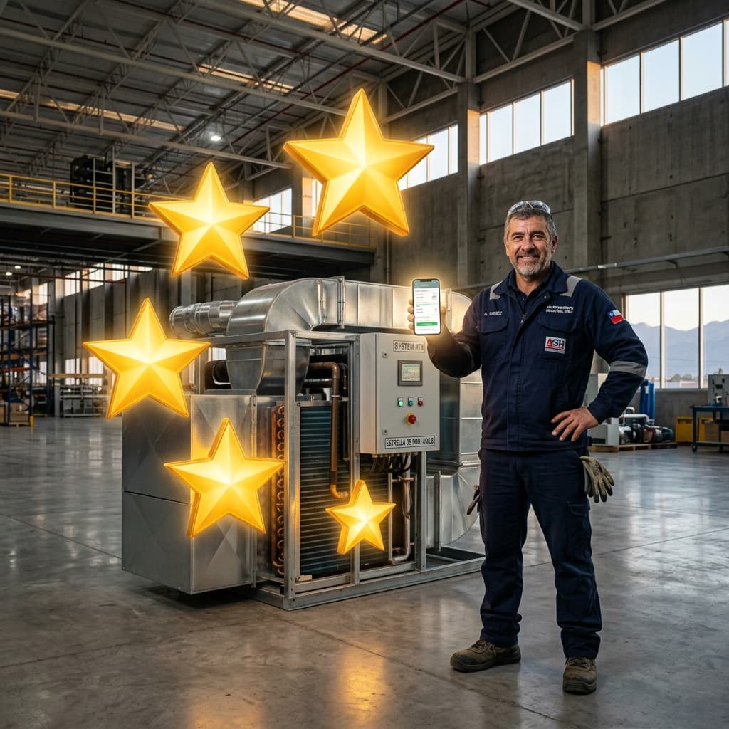 Dueño de empresa de climatización mostrando su ficha de Google Maps optimizada en un tablet frente a una instalación terminada.