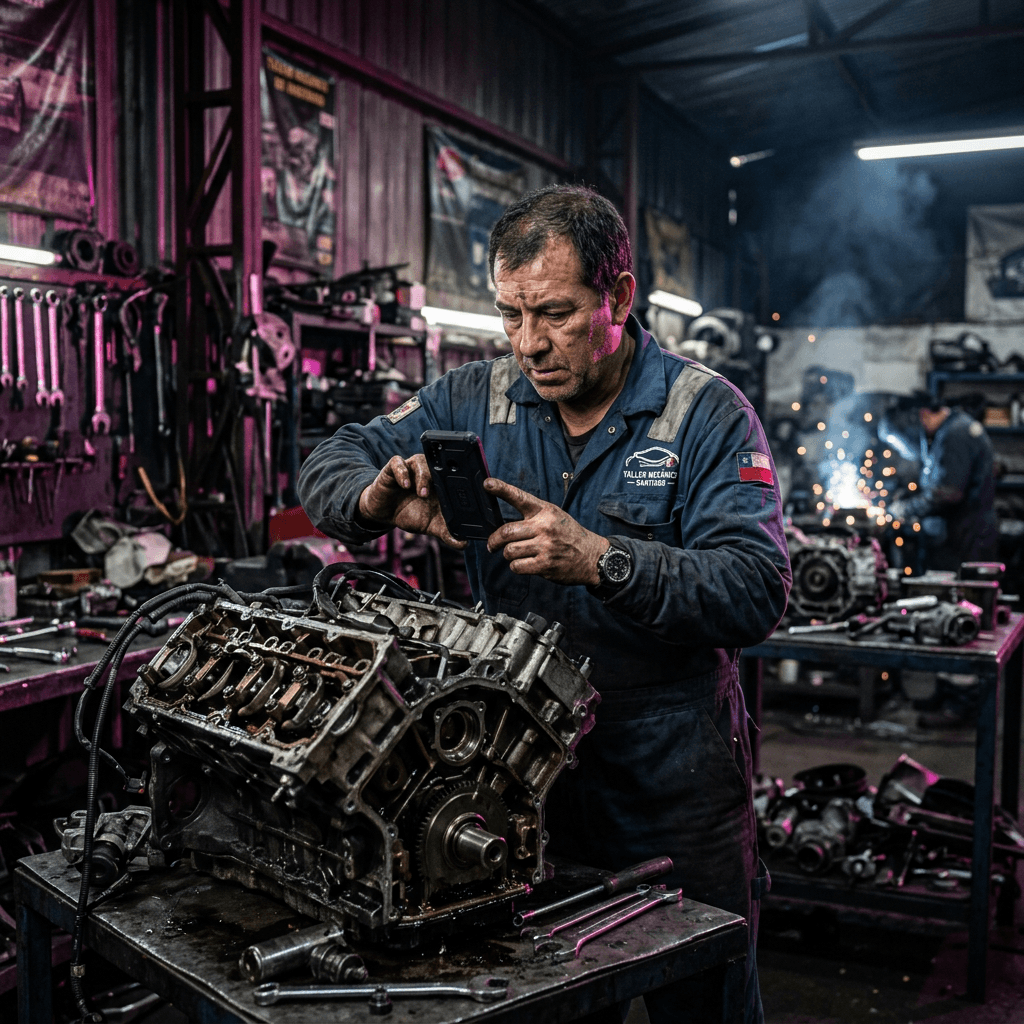 Dueño de taller mecánico en Chile sacando fotos a una reparación para su ficha de Google