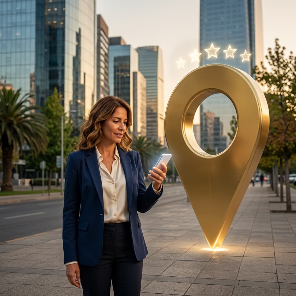 Dueño de negocio revisando su ficha de Google Maps en un celular en Santiago de Chile