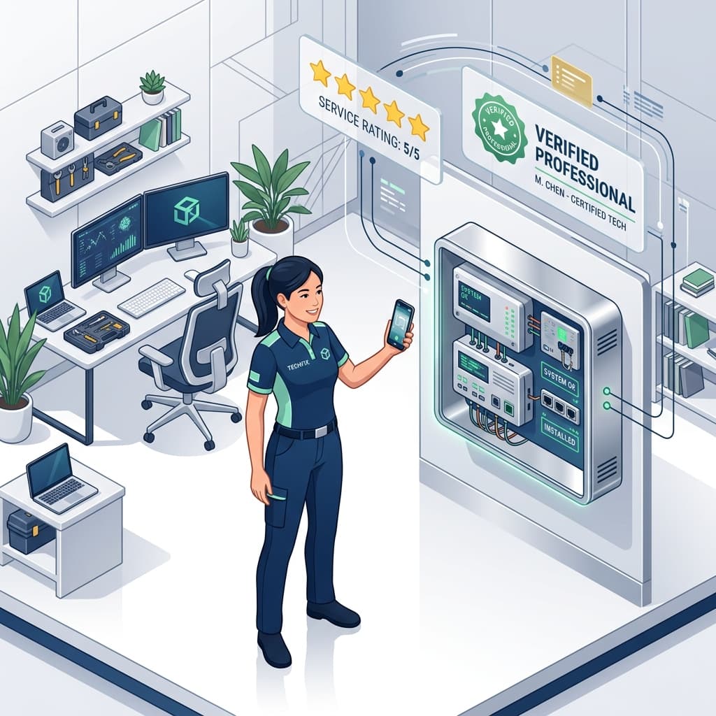 Instalador de aire acondicionado grabando un video de su trabajo terminado para su Perfil de Empresa en Google