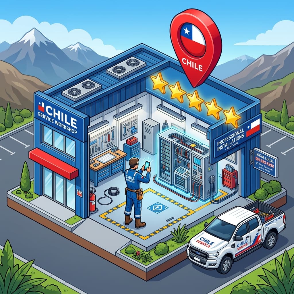 Dueño de un servicio técnico en Chile sacando una foto con su celular a un trabajo terminado para subirla a Google Maps.