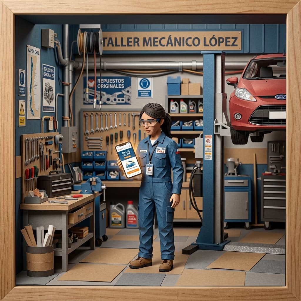 Dueño de taller mecánico en Chile revisando su sitio web rápido en un celular mientras trabaja