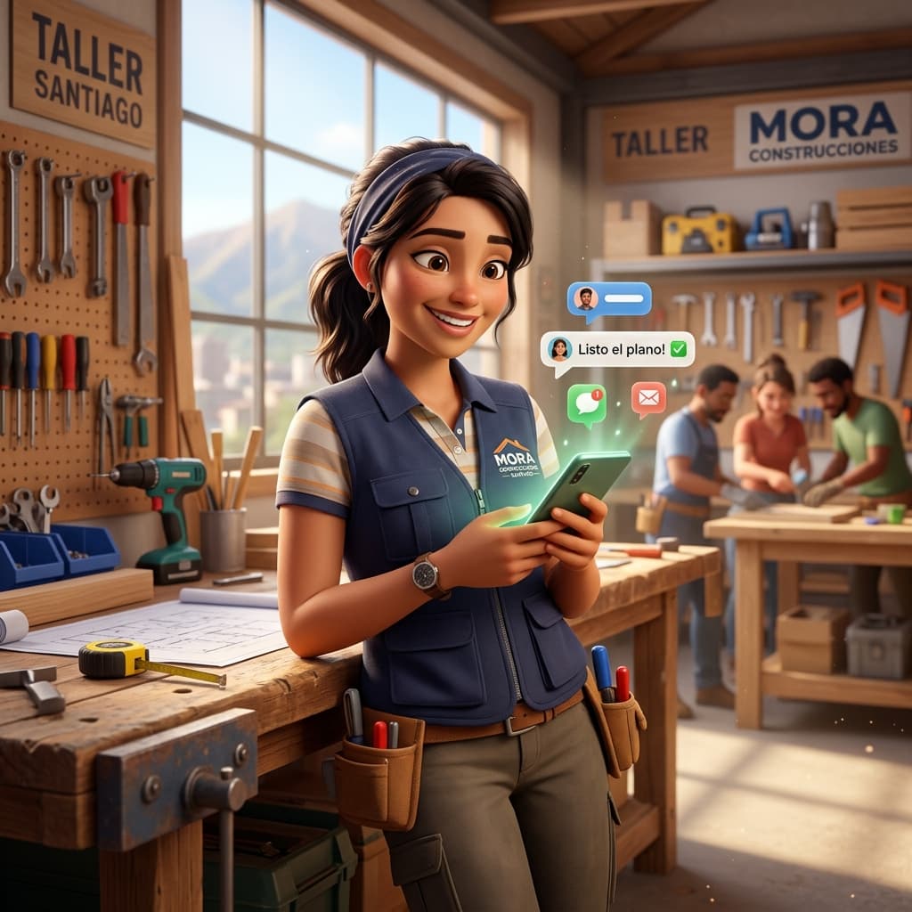Dueño de una empresa de servicios técnicos en Chile revisando su catálogo de WhatsApp Business en una obra