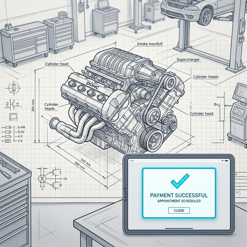 Dueño de taller mecánico mirando su celular mientras un sistema automatizado agenda una cita