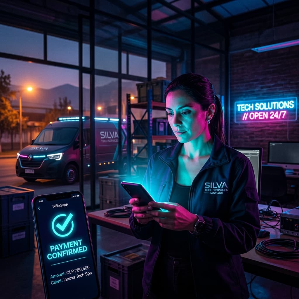 Dueño de una empresa de climatización revisando su celular con calma en una obra, mientras el sistema gestiona sus cobros automáticamente.