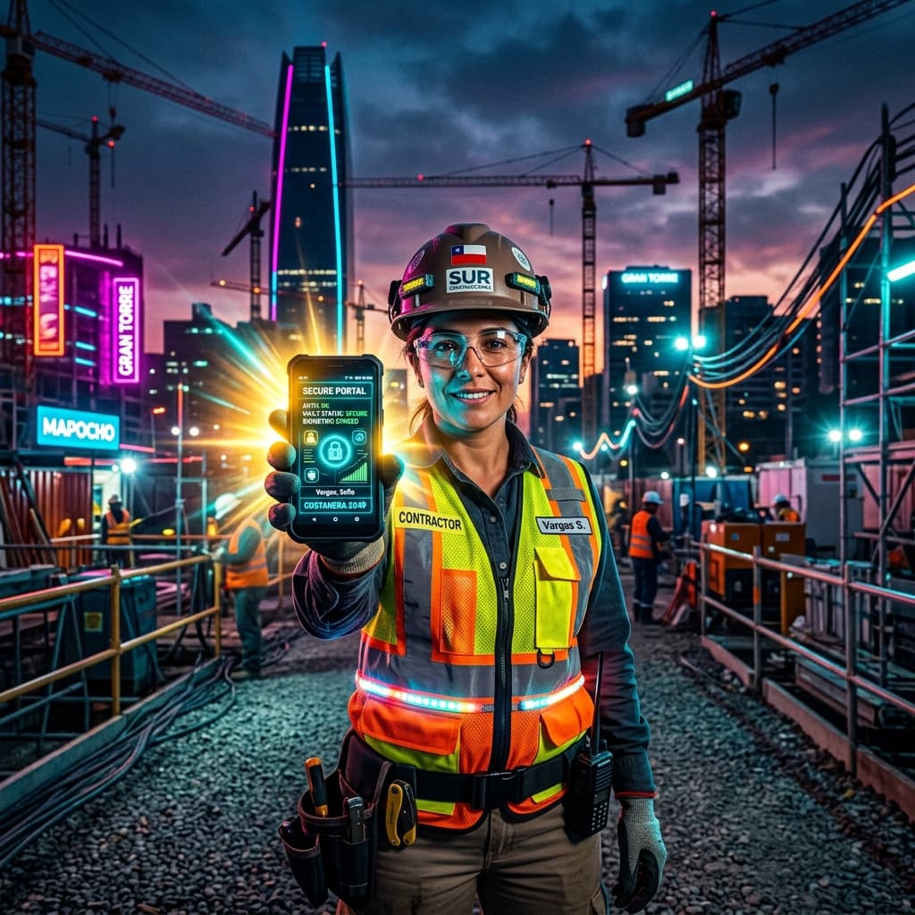 Contratista chileno usando su celular para cobrar en una obra de construcción