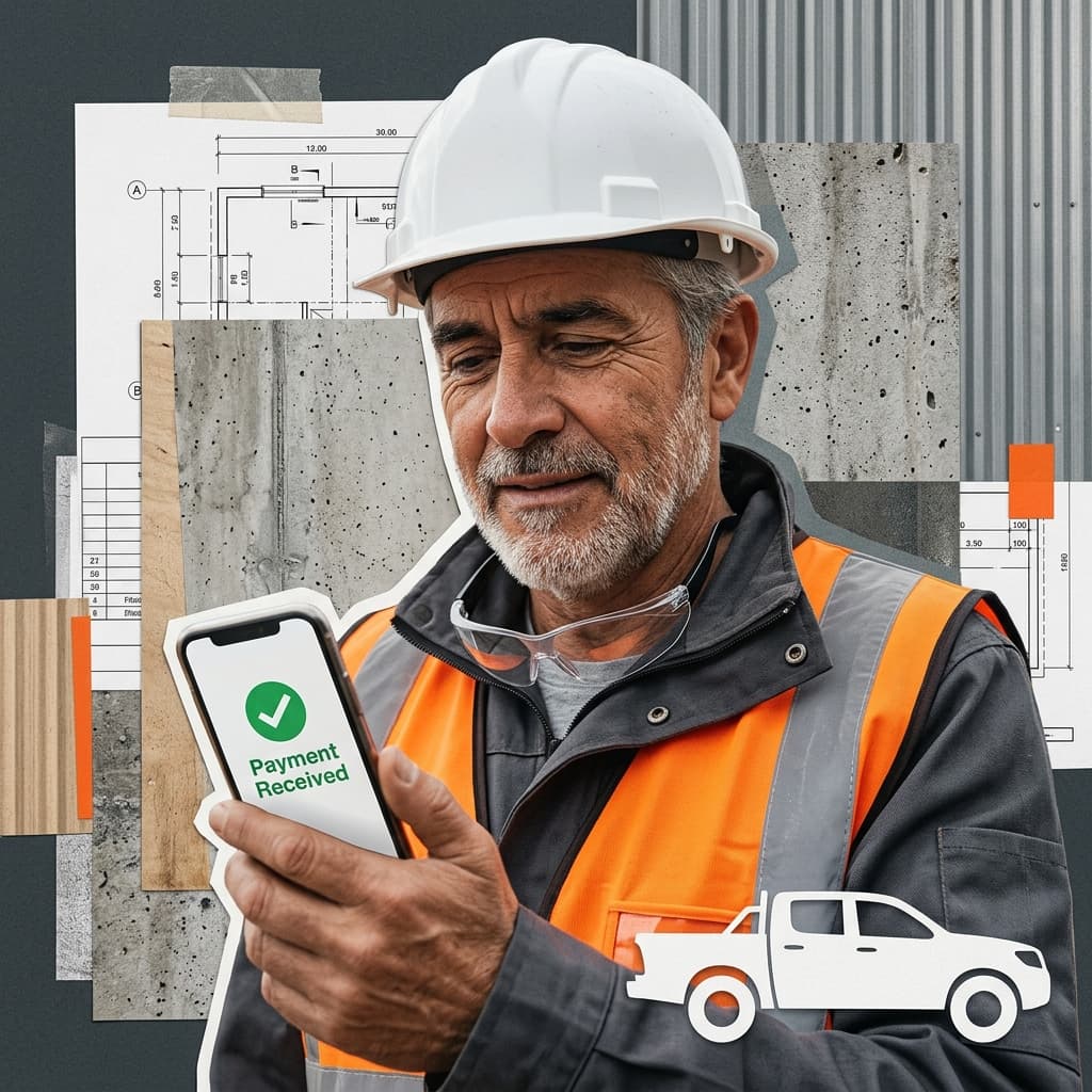 Dueño de empresa de mantenimiento revisando su celular con tranquilidad tras recibir notificación de pago automático.