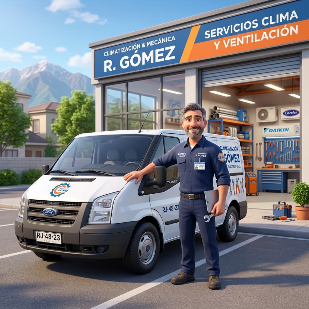 Dueño de taller mecánico profesional revisando presupuesto en tablet frente a su camioneta rotulada