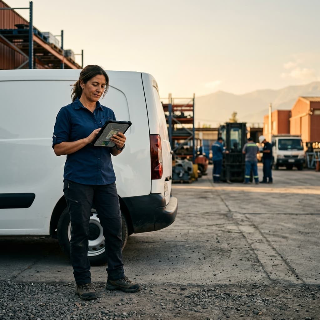 Dueño de empresa de climatización en Chile supervisando una obra desde su tablet sin intervenir en la instalación física.