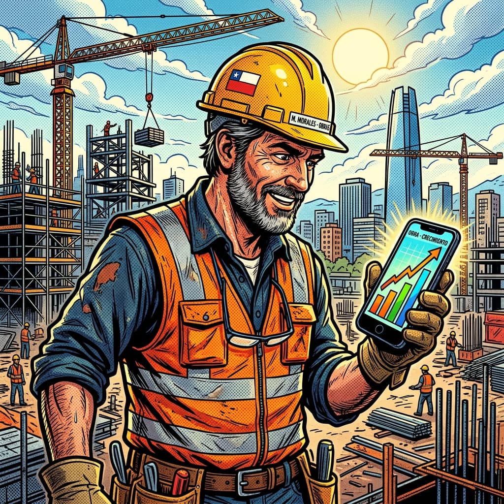 Dueño de constructora revisando finanzas en su celular en plena obra