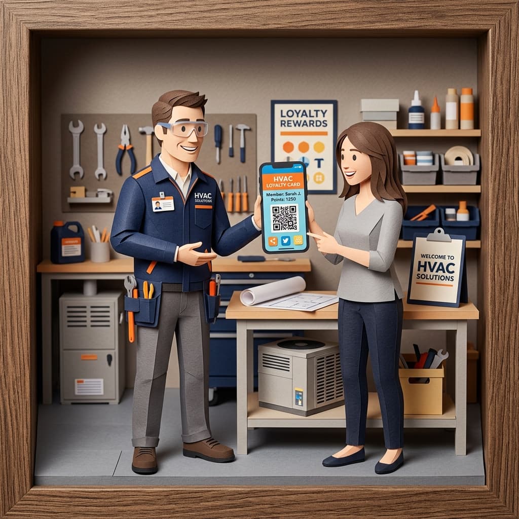 Dueño de taller mecánico mostrando a un cliente su tarjeta de fidelización digital en el celular