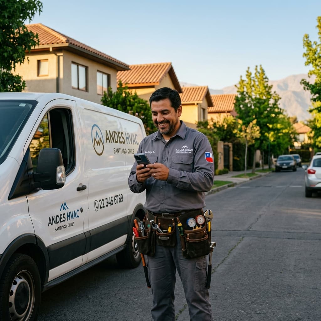 Técnico chileno revisando cotizaciones en su celular frente a su camioneta de servicio